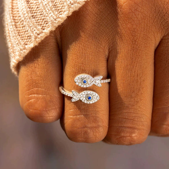 Sterling Silver Double Pair Small Fish Set Zircon Ring Women's Electroplated Geometric Style