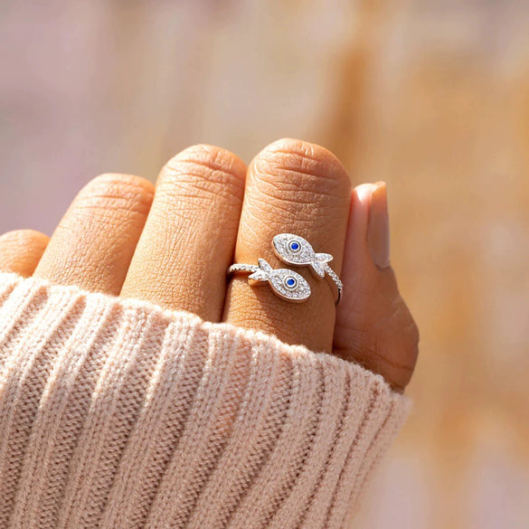 Sterling Silver Double Pair Small Fish Set Zircon Ring Women's Electroplated Geometric Style