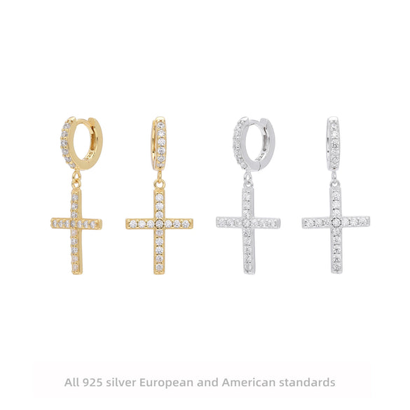 Sterling Silver Earrings With Cross Micro Inlaid Zircon Letter And Number Pattern For Women