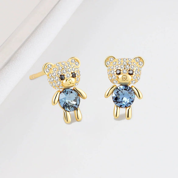925 Sterling Silver Electroplated Bear Pendant Necklace And Stud Earrings Set For Women Fashion Jewelry