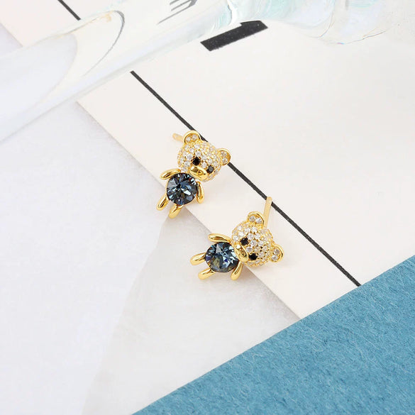 925 Sterling Silver Electroplated Bear Pendant Necklace And Stud Earrings Set For Women Fashion Jewelry