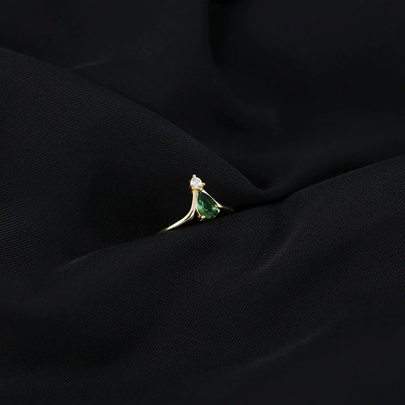 Sterling Silver Emerald Zircon Crown Ring For Women With Adjustable Open Design Electroplated Finish And Drop Shape Detailing
