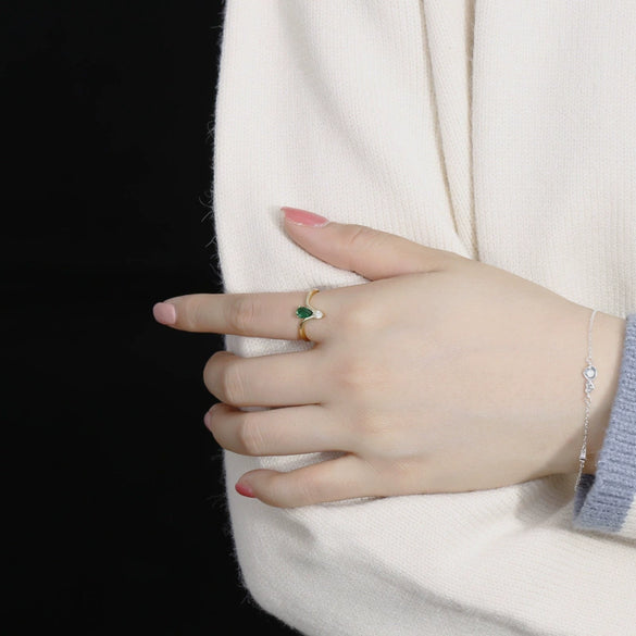 Sterling Silver Emerald Zircon Crown Ring For Women With Adjustable Open Design Electroplated Finish And Drop Shape Detailing