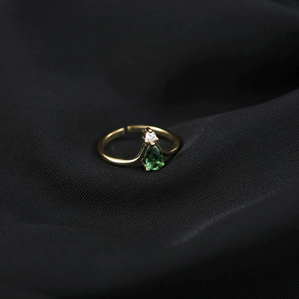 Sterling Silver Emerald Zircon Crown Ring For Women With Adjustable Open Design Electroplated Finish And Drop Shape Detailing