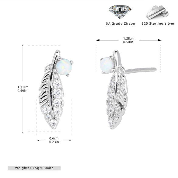 925 Sterling Silver Feather Earrings Inlaid Zircon Light Luxury Natural Design For Women