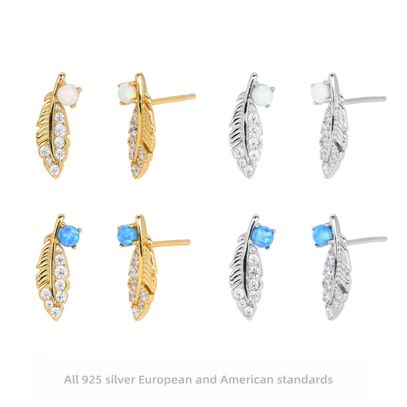 925 Sterling Silver Feather Earrings Inlaid Zircon Light Luxury Natural Design For Women