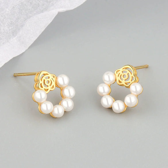 925 Sterling Silver Floral Pearl Stud Earrings Elegant Electroplated Geometric Design Jewelry For Women