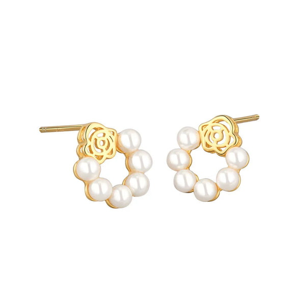 925 Sterling Silver Floral Pearl Stud Earrings Elegant Electroplated Geometric Design Jewelry For Women