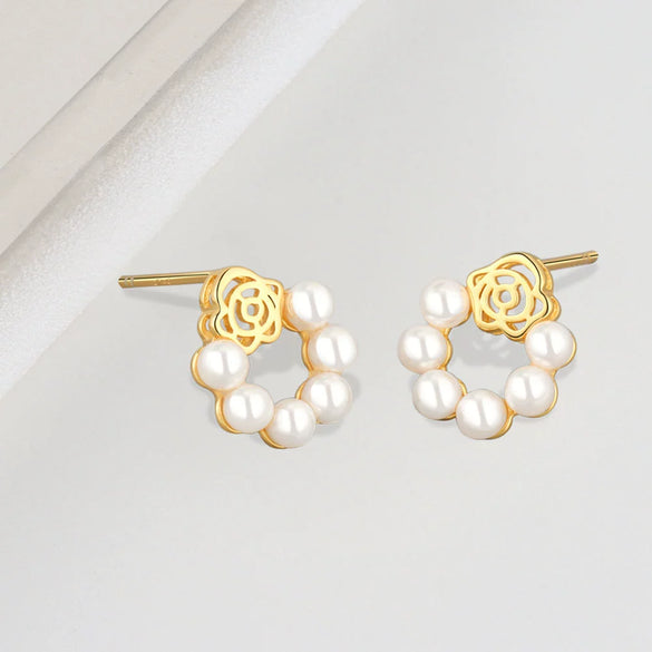 925 Sterling Silver Floral Pearl Stud Earrings Elegant Electroplated Geometric Design Jewelry For Women