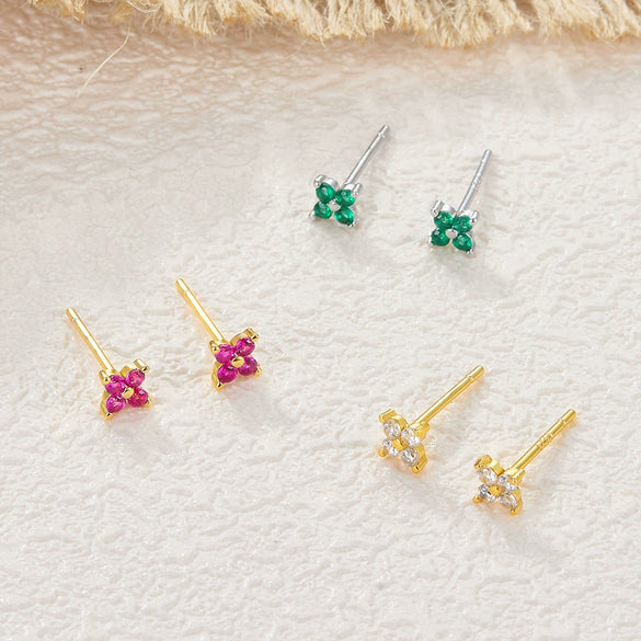 Sterling Silver Flower Stud Earrings With Zircon Inlay Geometric Pattern Electroplated