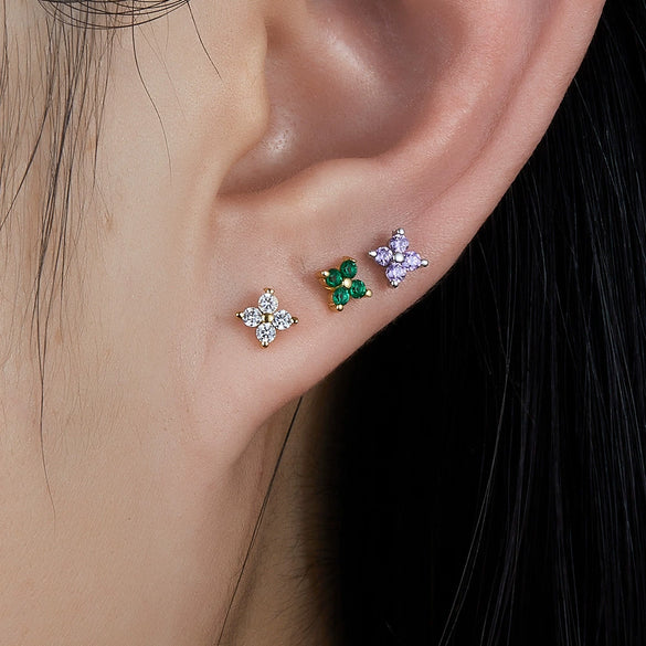 Sterling Silver Flower Stud Earrings With Zircon Inlay Geometric Pattern Electroplated