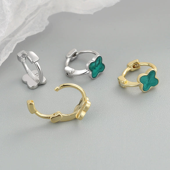 925 Sterling Silver Four Leaf Geometric Ear Buckle Earrings For Women With Enamel Finish And Electroplated Craftsmanship