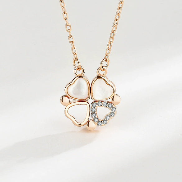 Sterling Silver 925 Fourleaf Clover Geometric Love Opal Women's Clavicle Necklace