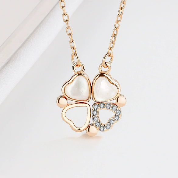 Sterling Silver 925 Fourleaf Clover Geometric Love Opal Women's Clavicle Necklace