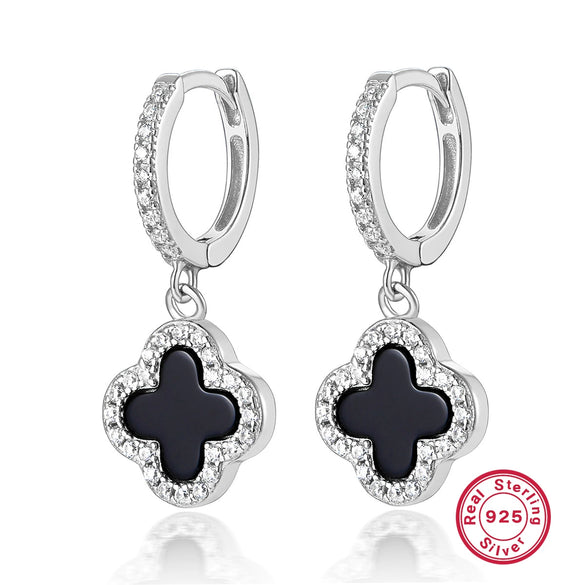 925 Sterling Silver Fourleaf Clover Necklace And Earrings Set Inlaid With Black Agate And Shell Marine Life Pattern Inlay Processing For Women