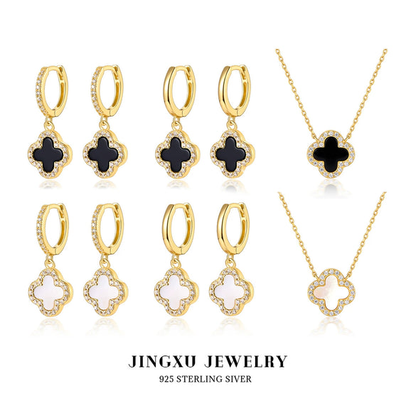 925 Sterling Silver Fourleaf Clover Necklace And Earrings Set Inlaid With Black Agate And Shell Marine Life Pattern Inlay Processing For Women
