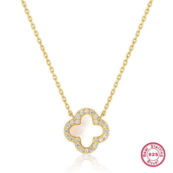 925 Sterling Silver Fourleaf Clover Necklace And Earrings Set Inlaid With Black Agate And Shell Marine Life Pattern Inlay Processing For Women