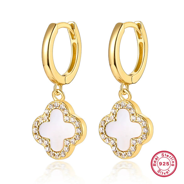 925 Sterling Silver Fourleaf Clover Necklace And Earrings Set Inlaid With Black Agate And Shell Marine Life Pattern Inlay Processing For Women