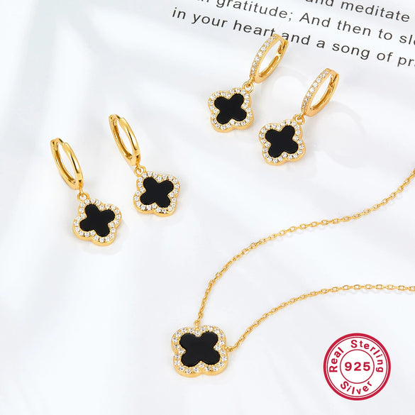 925 Sterling Silver Fourleaf Clover Necklace And Earrings Set Inlaid With Black Agate And Shell Marine Life Pattern Inlay Processing For Women