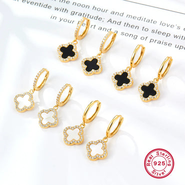 925 Sterling Silver Fourleaf Clover Necklace And Earrings Set Inlaid With Black Agate And Shell Marine Life Pattern Inlay Processing For Women