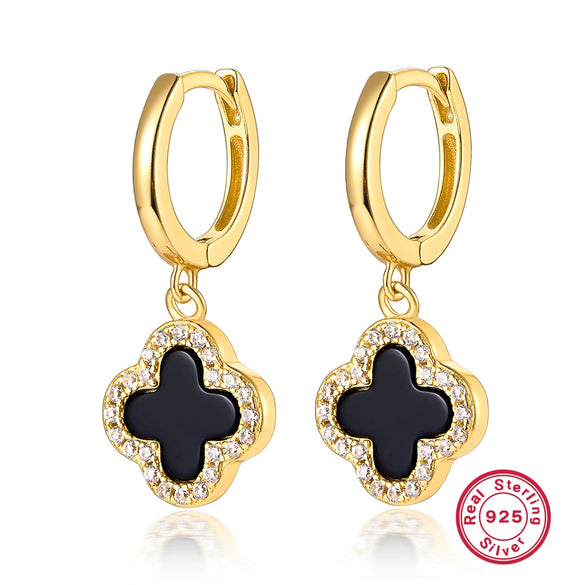 925 Sterling Silver Fourleaf Clover Necklace And Earrings Set Inlaid With Black Agate And Shell Marine Life Pattern Inlay Processing For Women