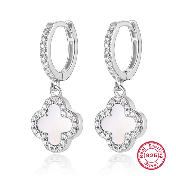 925 Sterling Silver Fourleaf Clover Necklace And Earrings Set Inlaid With Black Agate And Shell Marine Life Pattern Inlay Processing For Women