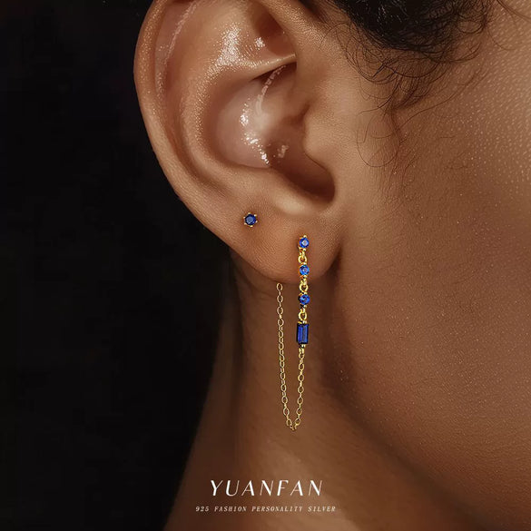Sterling Silver Geometric Blue Zirconium Minimalist Women's Earrings With French Tassel