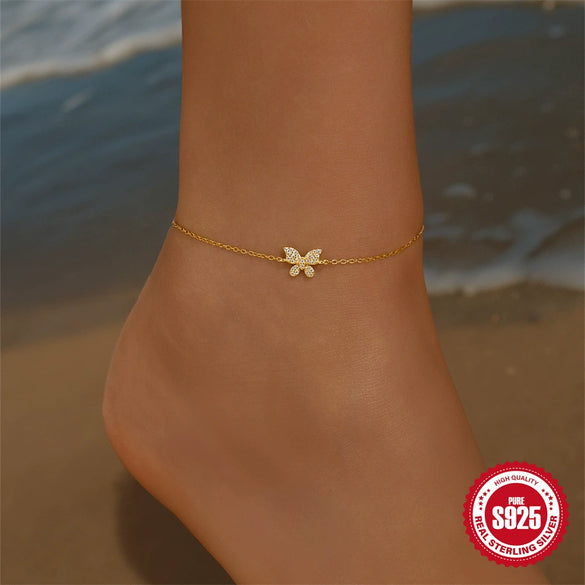 925 Sterling Silver Geometric Butterfly Zircon Encrusted All Match Anklet For Women