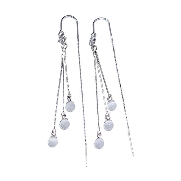 925 Sterling Silver Geometric Cat's Eye Tassel Ear Line Earrings For Women Elegant Long Dangle Niche Design
