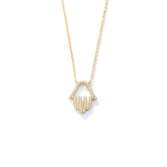 Sterling Silver Geometric Diamond Cut Out Palm Pendant Necklace For Women