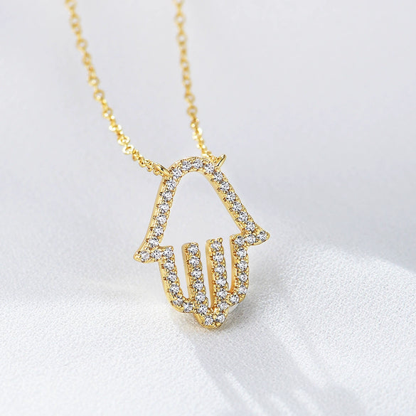 Sterling Silver Geometric Diamond Cut Out Palm Pendant Necklace For Women
