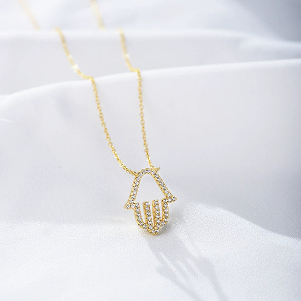 Sterling Silver Geometric Diamond Cut Out Palm Pendant Necklace For Women