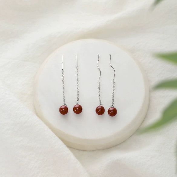 925 Sterling Silver Geometric Ear Threader Earrings With Natural Cinnabar And Curved Retro Design