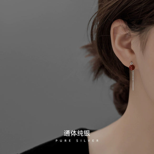 925 Sterling Silver Geometric Ear Threader Earrings With Natural Cinnabar And Curved Retro Design