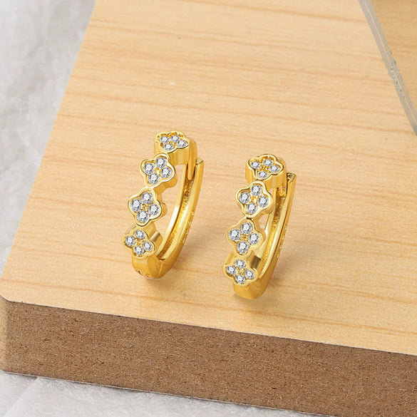 925 Sterling Silver Geometric Four Leaf Clover Zircon Ear Buckle Earrings For Women Simple Electroplated Style
