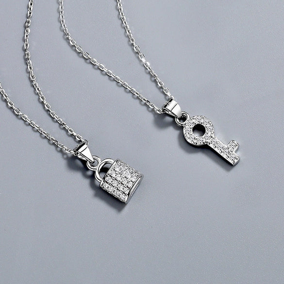 925 Sterling Silver Geometric Key Lock Pendant Necklace With Crystal And Gem Inlay Electroplated Retro Fashion Couple Jewelry
