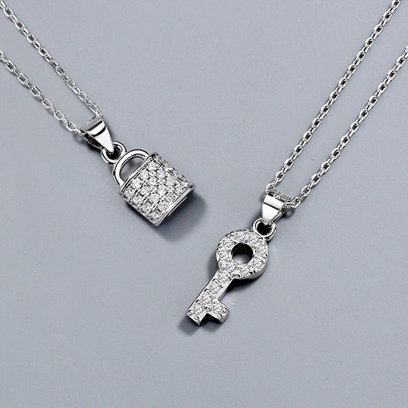 925 Sterling Silver Geometric Key Lock Pendant Necklace With Crystal And Gem Inlay Electroplated Retro Fashion Couple Jewelry