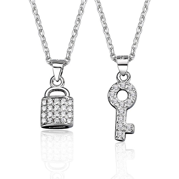 925 Sterling Silver Geometric Key Lock Pendant Necklace With Crystal And Gem Inlay Electroplated Retro Fashion Couple Jewelry