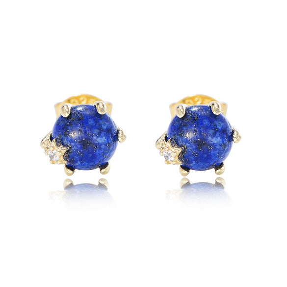 Sterling Silver 925 Geometric Lapis Laurel Bead Sixclaw Set With Precious Stones Women's Earrings