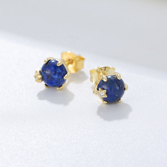 Sterling Silver 925 Geometric Lapis Laurel Bead Sixclaw Set With Precious Stones Women's Earrings