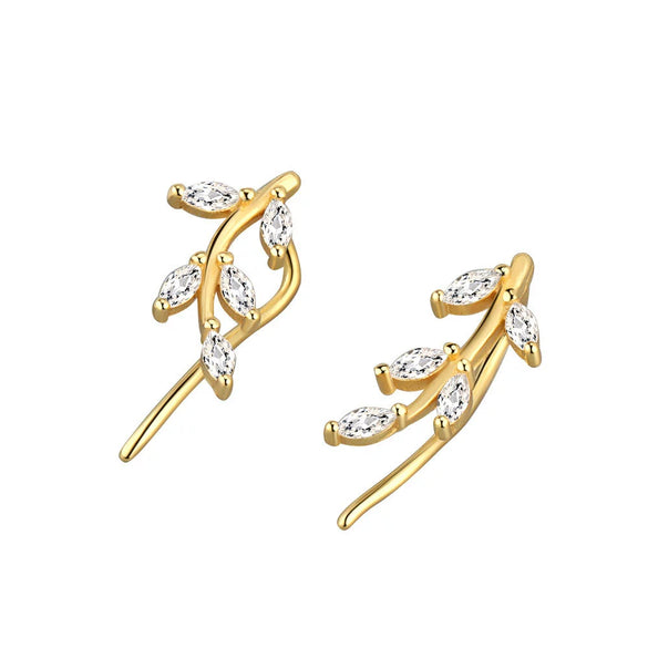 925 Sterling Silver Geometric Leaf And Marquise Cut Stone Stud Earrings For Women Electroplated Minimalist Jewelry
