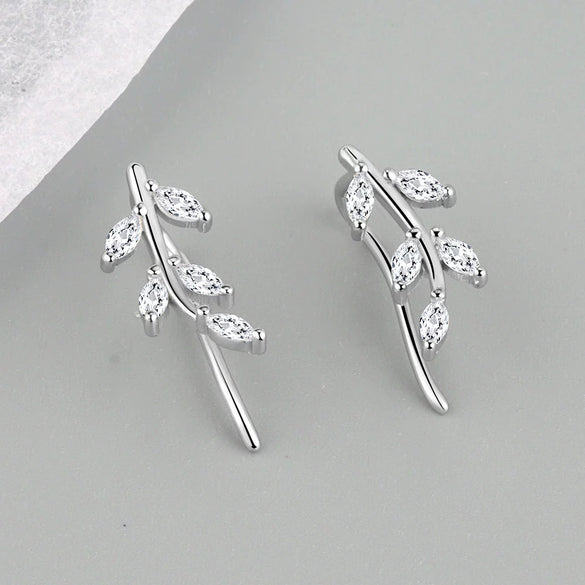 925 Sterling Silver Geometric Leaf And Marquise Cut Stone Stud Earrings For Women Electroplated Minimalist Jewelry