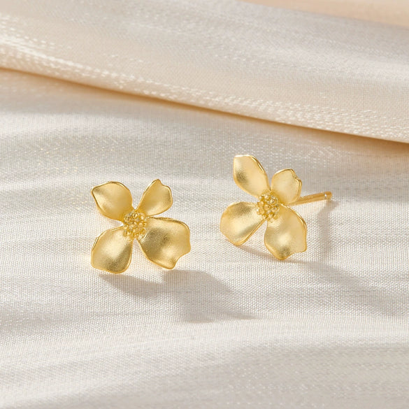 925 Sterling Silver Geometric Light Luxury Style Frosted Flower Petal Electroplated Earrings For Women