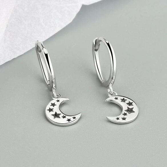 925 Sterling Silver Geometric Moon And Hollow Star Earrings For Women With Electroplated Light Luxury Metal Style