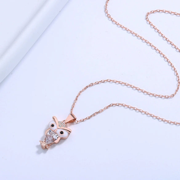 925 Sterling Silver Geometric Owl Pendant Necklace With Mixed Gem Inlay Elegant Simple Collarbone Chain For Women