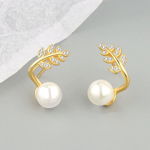 925 Sterling Silver Geometric Pearl Bead Earrings With Electroplated Sprout Design For Women