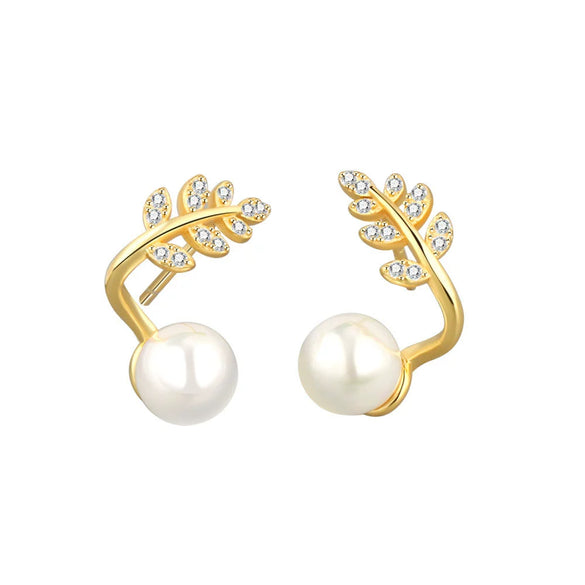 925 Sterling Silver Geometric Pearl Bead Earrings With Electroplated Sprout Design For Women
