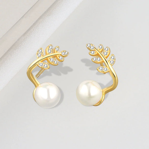 925 Sterling Silver Geometric Pearl Bead Earrings With Electroplated Sprout Design For Women