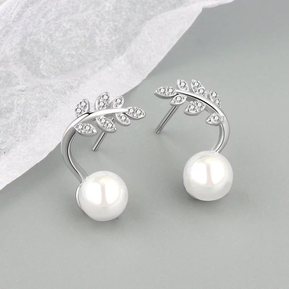 925 Sterling Silver Geometric Pearl Bead Earrings With Electroplated Sprout Design For Women