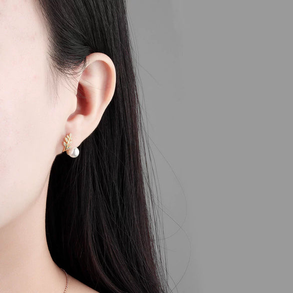 925 Sterling Silver Geometric Pearl Bead Earrings With Electroplated Sprout Design For Women